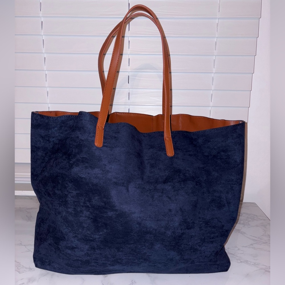 Neiman Marcus Faux Suede Tote Bag Navy Blue with Tan Handles & Teal/White Stripe - Picture 4 of 5